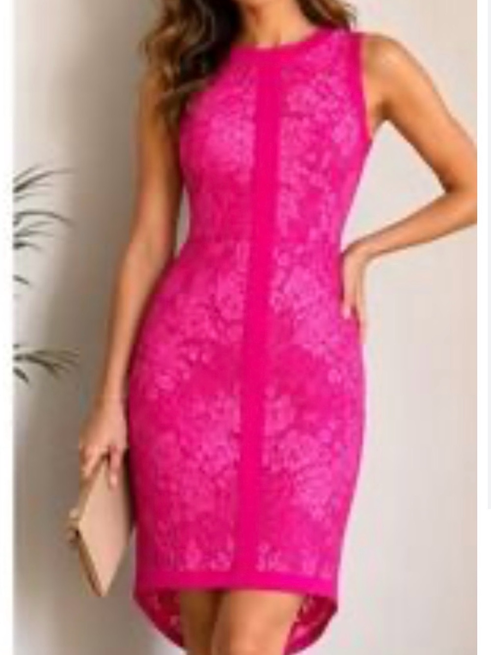 Adelyn Rae Bright Pink Sleeveless Lace High-Low Dress